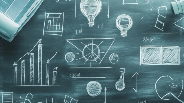 The chalkboard displays an array of graphs, charts, and mathematical symbols arranged neatly, illustrating concepts for a classroom environment focused on learning and collaboration