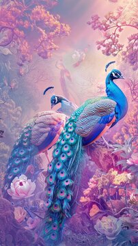 Pastel peacocks displaying feathers, gradient colors showing off their majesty royal garden environment