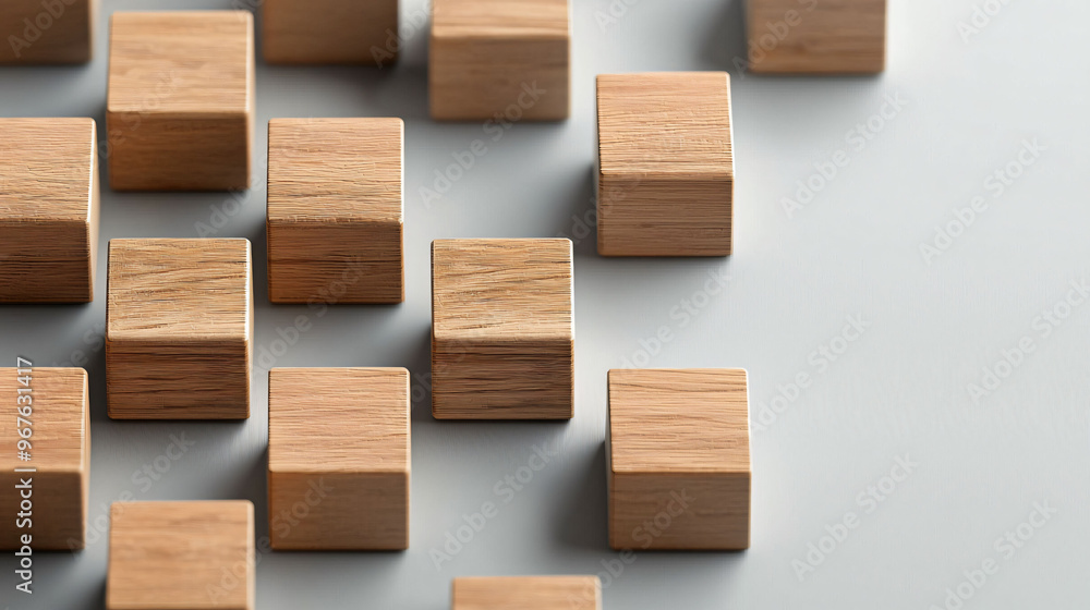 Poster wooden blocks arranged in an abstract network design create modern tech hub aesthetic. natural textu