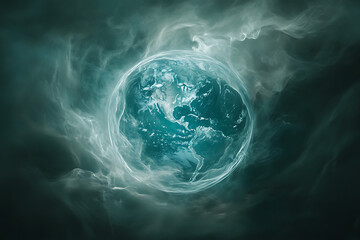 A ghostly and transparent planet Earth with an ethereal presence radiates a mystical glow