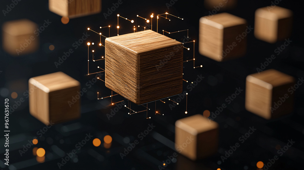 Poster floating wooden blocks create mesmerizing visual of technology and innovation, surrounded by glowing