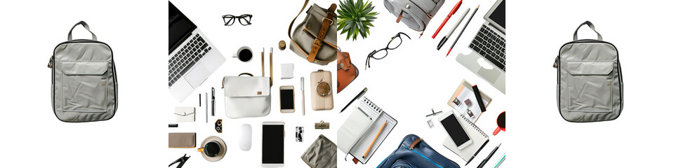 White office desk with blank notebook, computer keyboard and office supplies. Top view with copy space, flat lay. isolate on transparent background png
