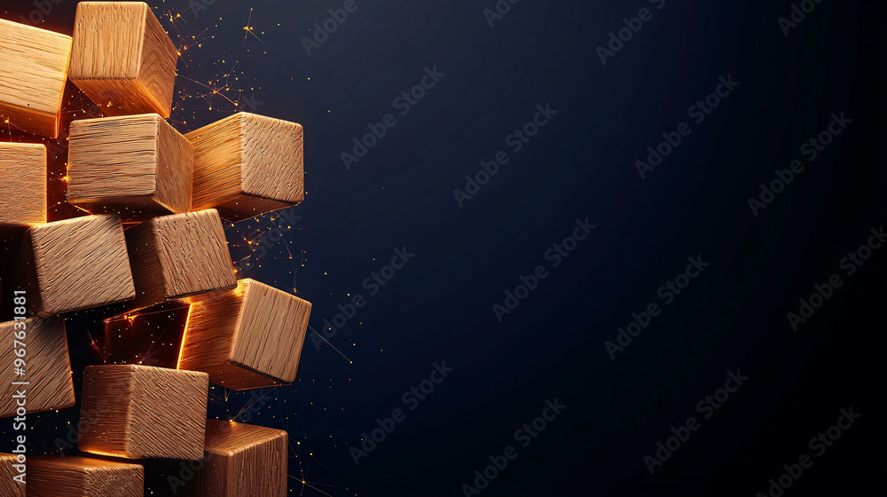 Poster wooden blocks cluster with glowing tech symbols, creating dynamic visual effect. interplay of light 