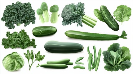 An elegant collection of assorted green vegetables like kale, broccoli, zucchini, and green beans, each with a high-class, shiny appearance and realistic textures, isolated on a white background