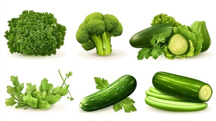 An elegant collection of assorted green vegetables like kale, broccoli, zucchini, and green beans, each with a high-class, shiny appearance and realistic textures, isolated on a white background