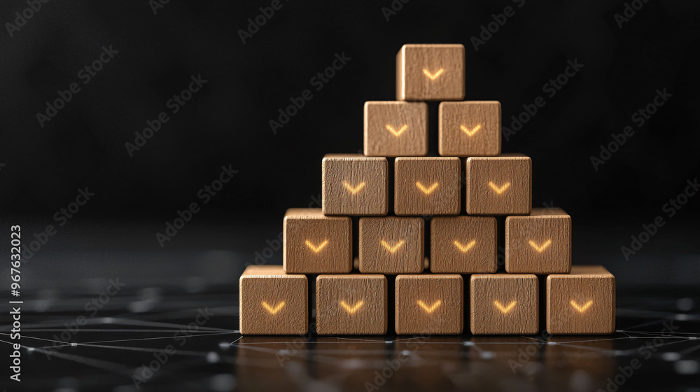 Poster wooden block pyramid features illuminated tech symbols, creating striking visual effect that symboli