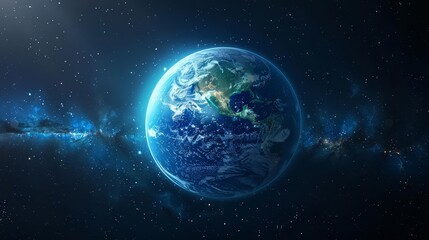 Obraz premium A blue planet Earth in space with stars and a galaxy in the background.