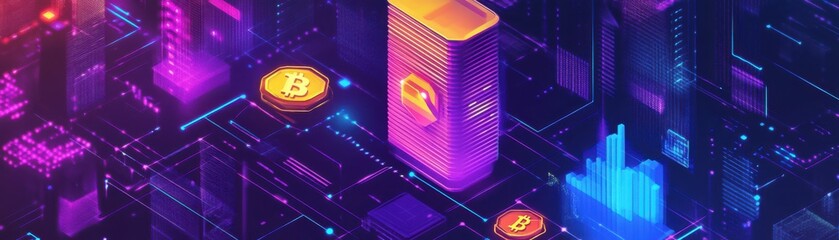 Fototapeta premium Vibrant digital cityscape with cryptocurrency symbols, showcasing technology and innovation in finance and blockchain concepts.