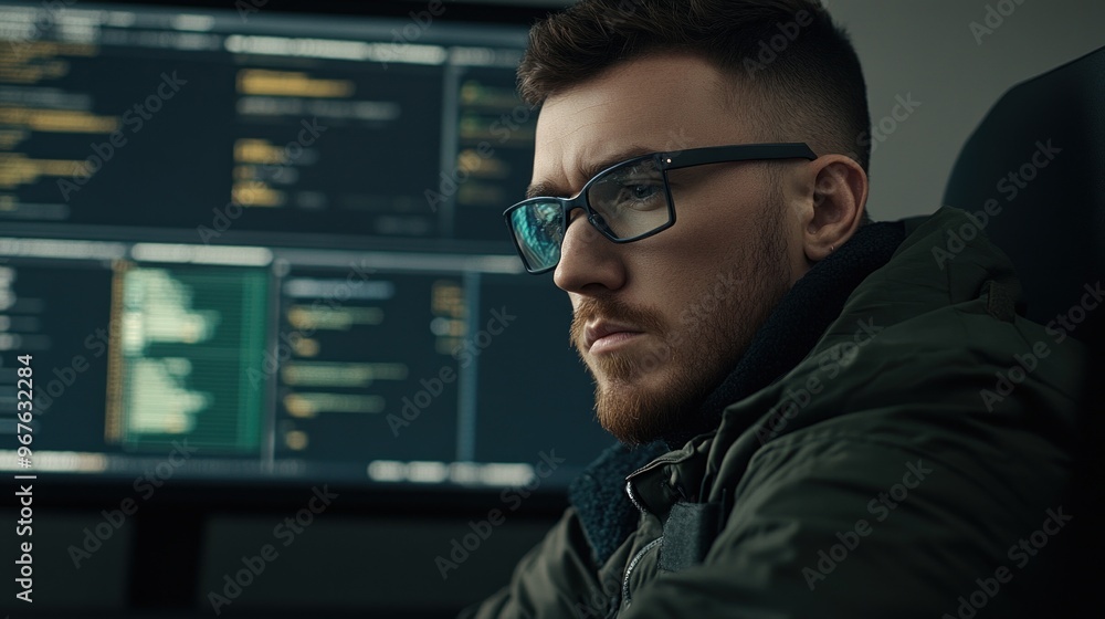 Poster a concentrated person wearing glasses is engaged in coding while seated in a contemporary office env
