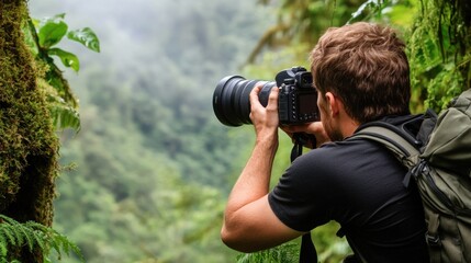 A photographer focuses on the rich, green landscape of a rainforest, taking advantage of the soft morning light to capture the vivid details of the surrounding foliage