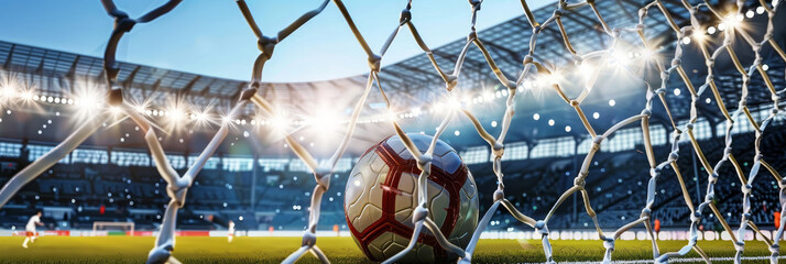 A soccer ball hitting the net inside a brightly lit stadium during a competitive match with players visible in the background under a clear blue sky