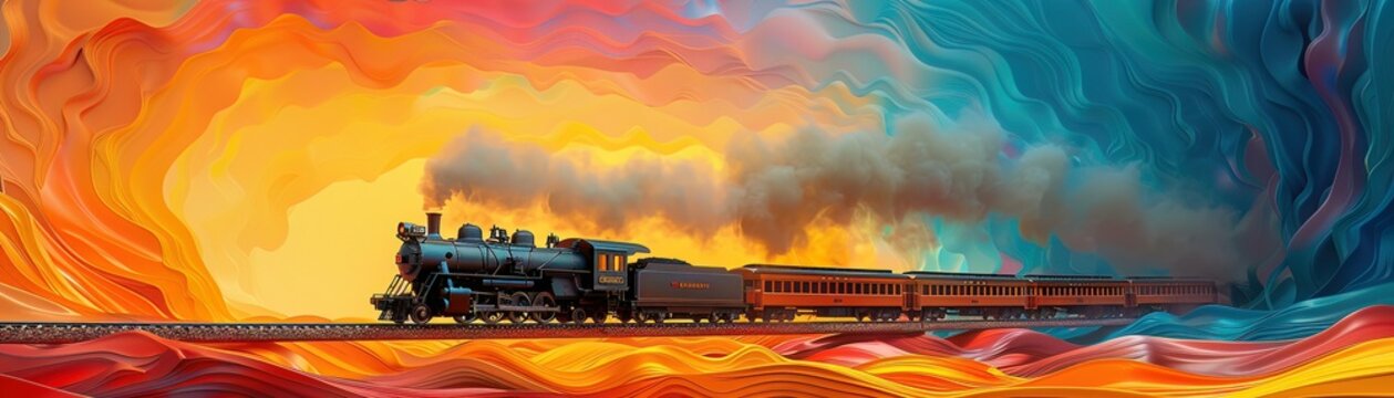 Playful train on a winding rainbow railway, traversing through a fantastical sky, sparking imagination