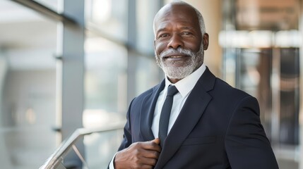 Naklejka premium Portrait of a confident senior African American businessman in formal wear, exuding professionalism and experience with copy space