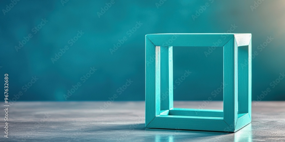 Poster a modern turquoise cube structure against a softly blurred background, creating a stylish and minima