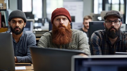 Three team members sit attentively at a desk in a contemporary office, engaged in a collaborative project. They showcase concentration and teamwork in their work environment