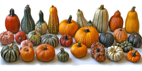 An elegant set of assorted squashes and gourds, including butternut, acorn, and spaghetti squash, each with a glossy, textured surface and vibrant colors, isolated on a white background