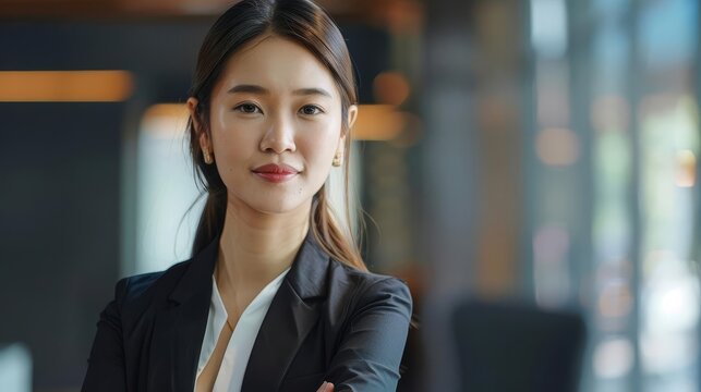 Portrait of a young Asian businesswoman, capturing her confidence and professionalism, ideal for modern business and leadership themes with copy space