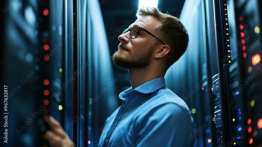 Aufkleber in a data center, a technician wearing glasses evaluates server racks filled with blinking lights, e