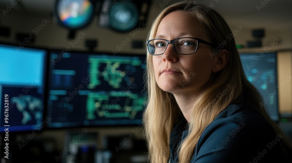 Poster a woman with glasses sits attentively in front of multiple screens displaying cybersecurity data. th