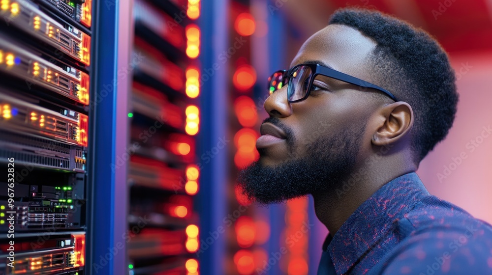 Poster a technician wearing glasses intently examines server racks filled with blinking lights, working lat