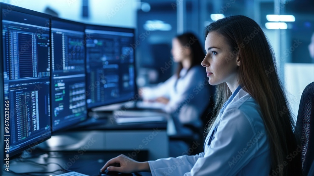 Poster a focused female data analyst examines various data streams on multiple screens, surrounded by a hig