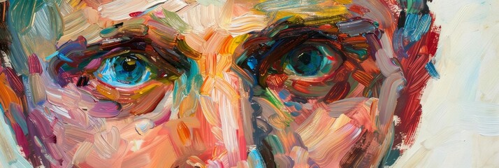 Fototapeta premium Portrait of an artist's face, painted with oil paints, showing a mix of vibrant and subtle hues