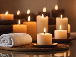 A luxury spa setting with candles, soft towels, and a serene atmosphere for relaxation and wellness