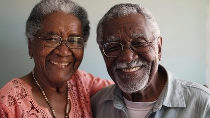 Portrait of an elderly African American couple smiling and showing love for each other, highlighting themes of enduring love, companionship, and family with copy space
