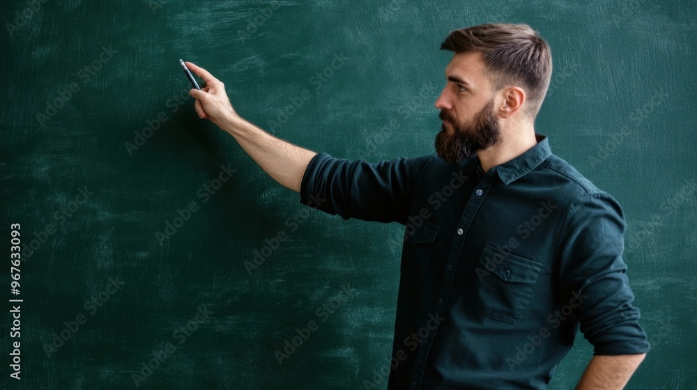 Poster a male teacher stands confidently at a blackboard, using a marker to write as students observe atten
