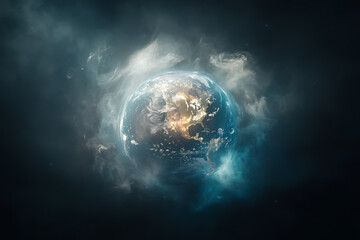 A ghostly and transparent planet Earth with an ethereal presence radiates a mystical glow