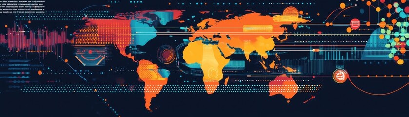 Vibrant digital global map design with abstract elements representing connectivity and data visualization in modern technology.