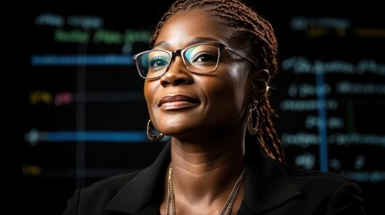 A focused woman with dreadlocks and glasses stands confidently against a backdrop of colorful data visualizations, showcasing her expertise in a professional environment