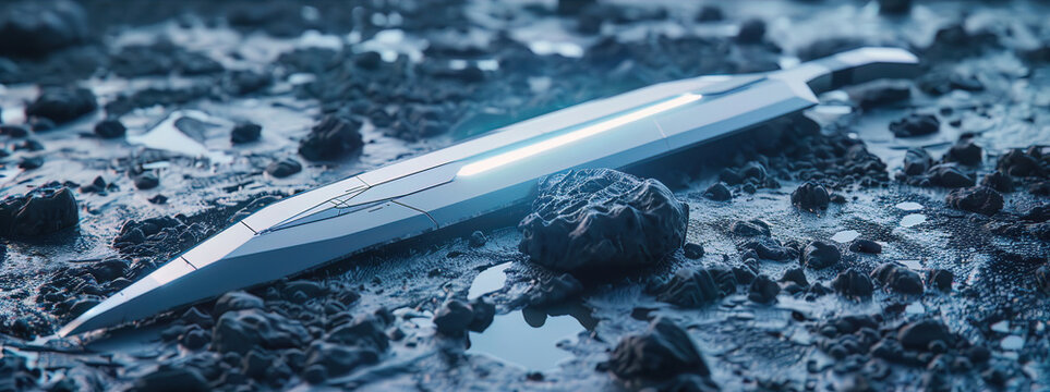 Sleek futuristic blade with illuminated core, resting on gritty terrain for a scifi scene