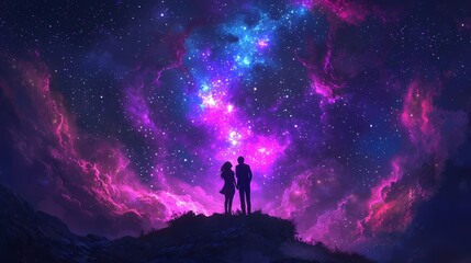Fototapeta premium A couple gazing at a breathtaking cosmic landscape filled with vibrant colors.