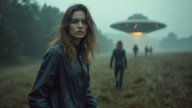 Amidst a dimly lit, fog-laden landscape, a woman stands alone, eyes fixed on a hovering UFO as others draw closer, shrouded in intrigue and uncertainty