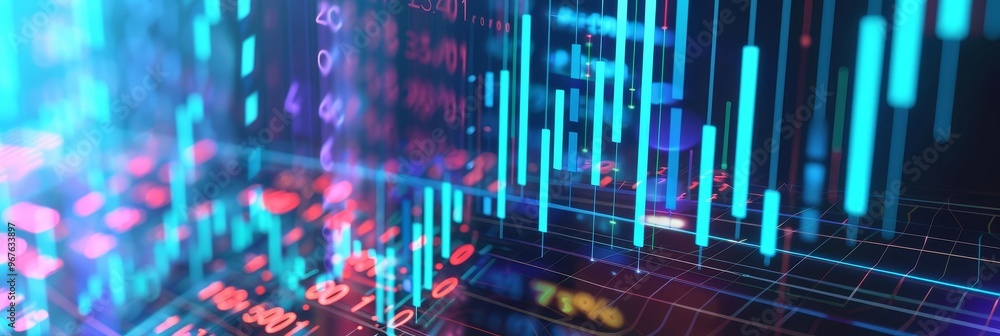 Poster vibrant digital visualization captures a dynamic financial market, showcasing fluctuating stock pric