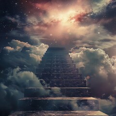 Zenith of success visualized by ascending steps into a surreal sky