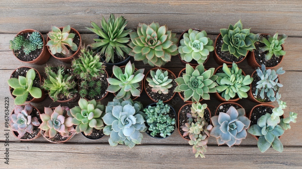 Poster a collection of assorted succulents in various shapes and sizes, arranged on a rustic wooden surface