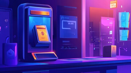 Fototapeta premium Vibrant digital interface featuring a futuristic kiosk in a neon-lit environment, perfect for tech and innovation themes.