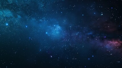 A breathtaking cosmic view features a vast expanse of stars against a deep blue and black backdrop, illuminated by vibrant purple and teal nebulae, perfect for educational and creative projects.