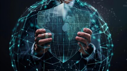 A businessman in a suit holds a digital shield showcasing a global map, symbolizing cybersecurity. abstract network background highlights innovation and global connectivity.