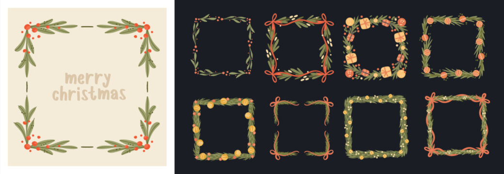 Collection of Festive Christmas Frames with hand-drawn Fir Branches, Holly Berries, and Ribbon Bows. Flat square Pine Wreath for holiday cards, invitations, and festive design