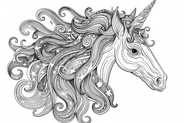 Fototapeta premium A beautifully intricate black and white illustration of a unicorn, featuring whimsical patterns in its flowing mane.