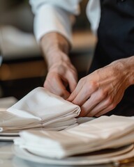 Obraz premium A close-up of hands folding white napkins in a fine dining setting, with a blurred kitchen background, highlights attention to detail in hospitality and culinary arts. Soft lighting adds warmth.