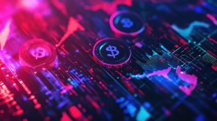 Fototapeta premium Vibrant digital representation of currency symbols and financial data, showcasing the fusion of technology and finance in modern economy.