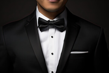 Close up of man  is arranging  black suit on black background, Businessman wears a suit,male hands closeup,groom getting ready before wedding ceremony. a Copy space for you text