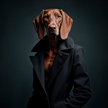 A viszla confidently dons a sleek, tailored coat, showcasing its elegance and personality in a striking pose that captures attention and admiration