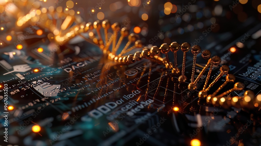 Poster a digital composite features a glowing double helix dna strand against a dark circuit board backdrop