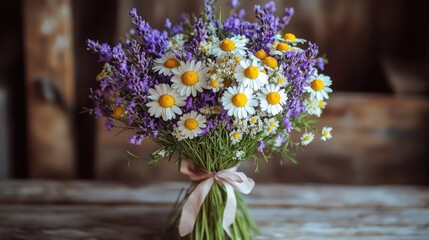 A simple wildflower bouquet tied with a ribbon, featuring daisies, bluebells, and lavender stems