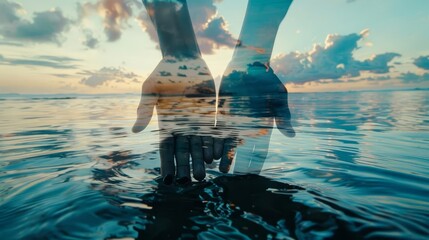 A double exposure of hands in tranquil water reflects a stunning sunset, blending serene colors to evoke harmony, peace, and a deep connection with nature.